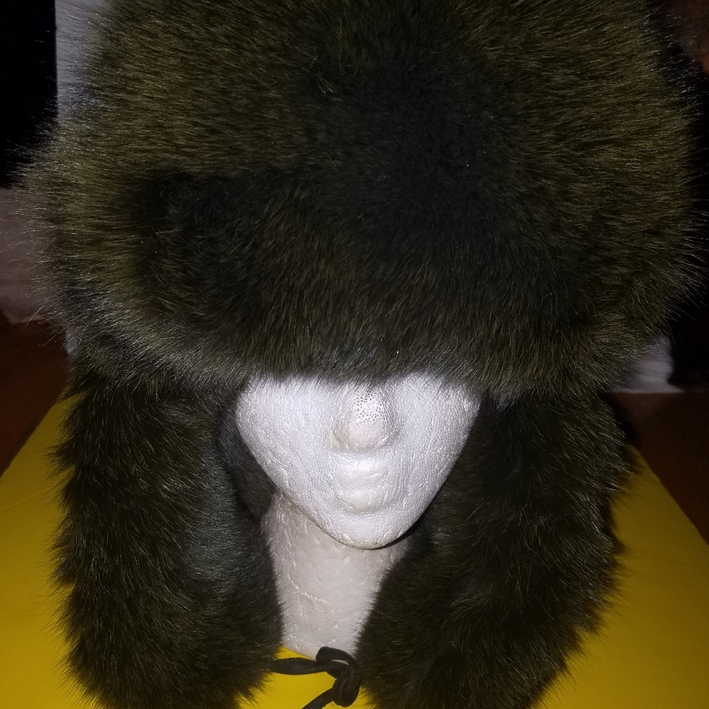 Brand new genuine fox fur flapper Russian hat olive green